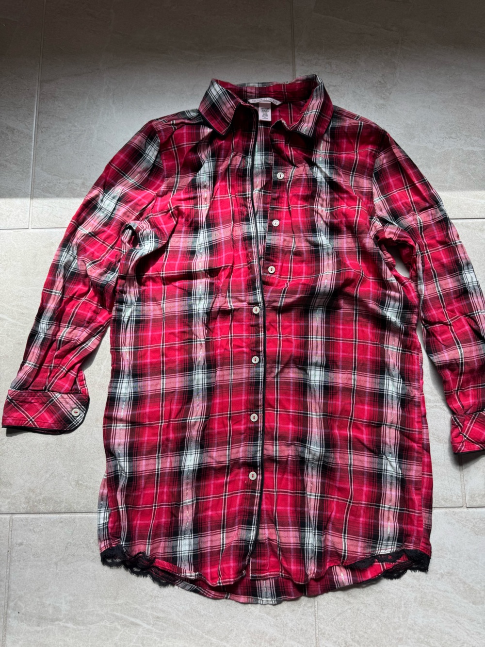 Victoria's Secret Red, Black & White Plaid Button-Front Nightshirt